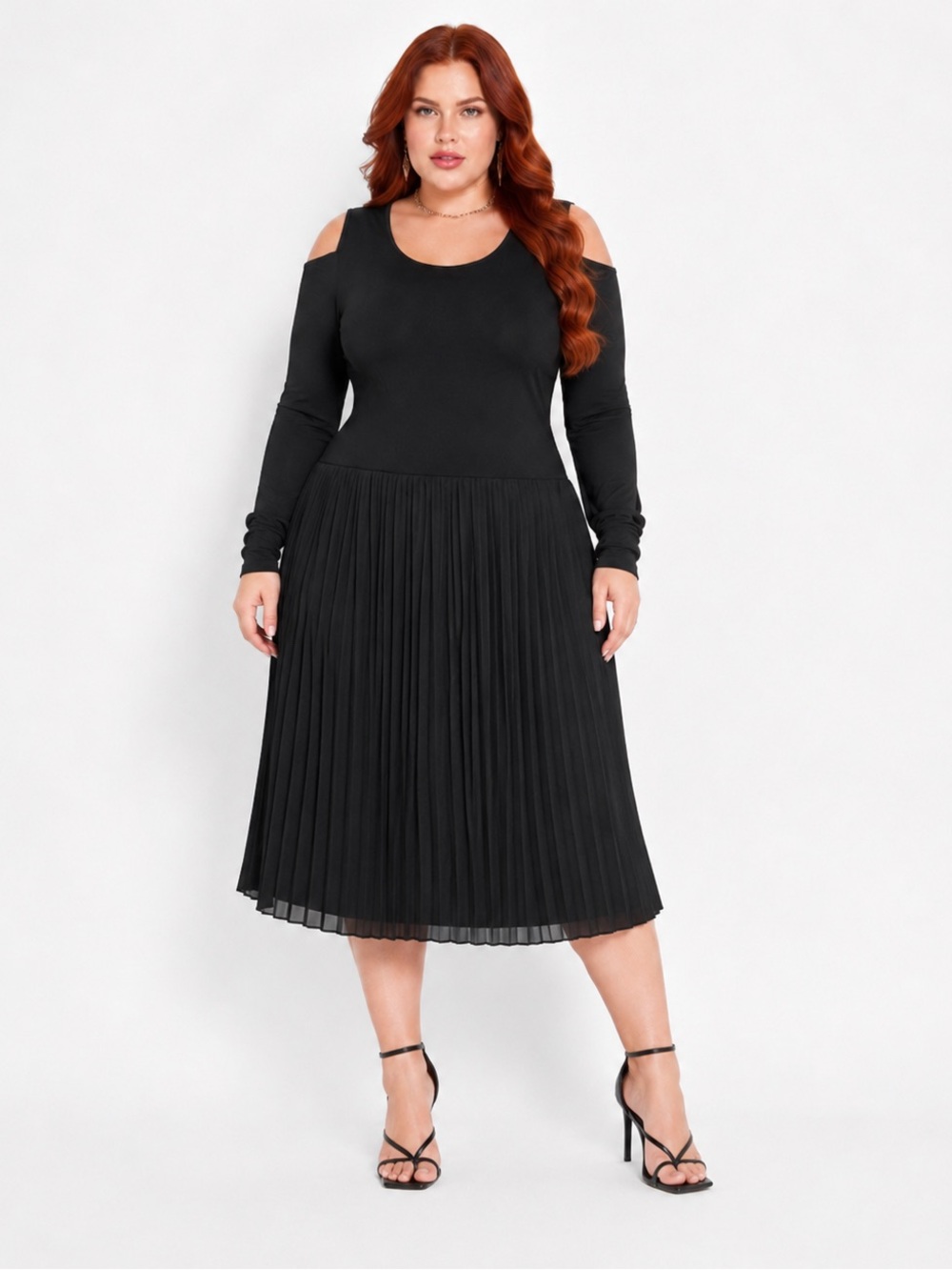 Ashley Stewart Black Cold Shoulder Pleated Midi Dress Women’s Plus Size 26/28